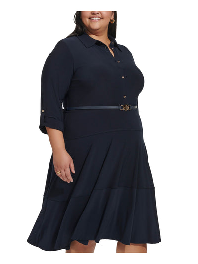 TOMMY HILFIGER Womens Navy Jersey Belted Button Down Darted Roll-tab Sleeve Point Collar Below The Knee Shirt Dress Plus 20W