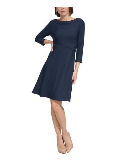 TOMMY HILFIGER Womens Navy Textured Zippered Button Detail Unlined Darted 3/4 Sleeve Boat Neck Above The Knee Wear To Work Fit + Flare Dress 2