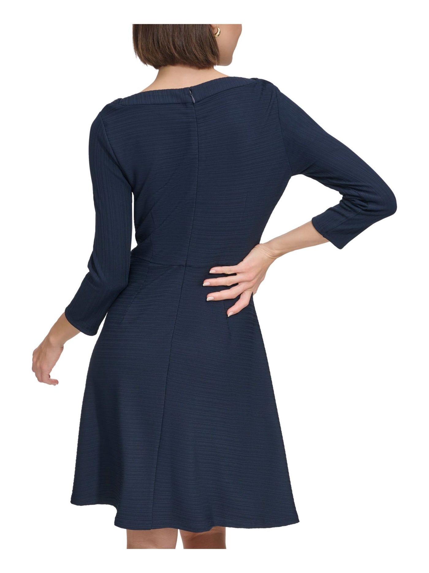 TOMMY HILFIGER Womens Navy Textured Zippered Button Detail Unlined Darted 3/4 Sleeve Boat Neck Above The Knee Wear To Work Fit + Flare Dress 2