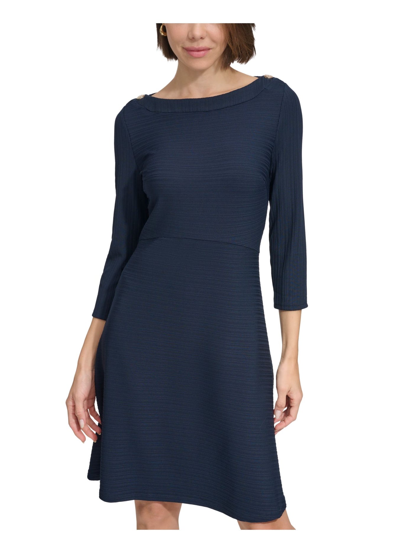 TOMMY HILFIGER Womens Navy Textured Zippered Button Detail Unlined Darted 3/4 Sleeve Boat Neck Above The Knee Wear To Work Fit + Flare Dress 2