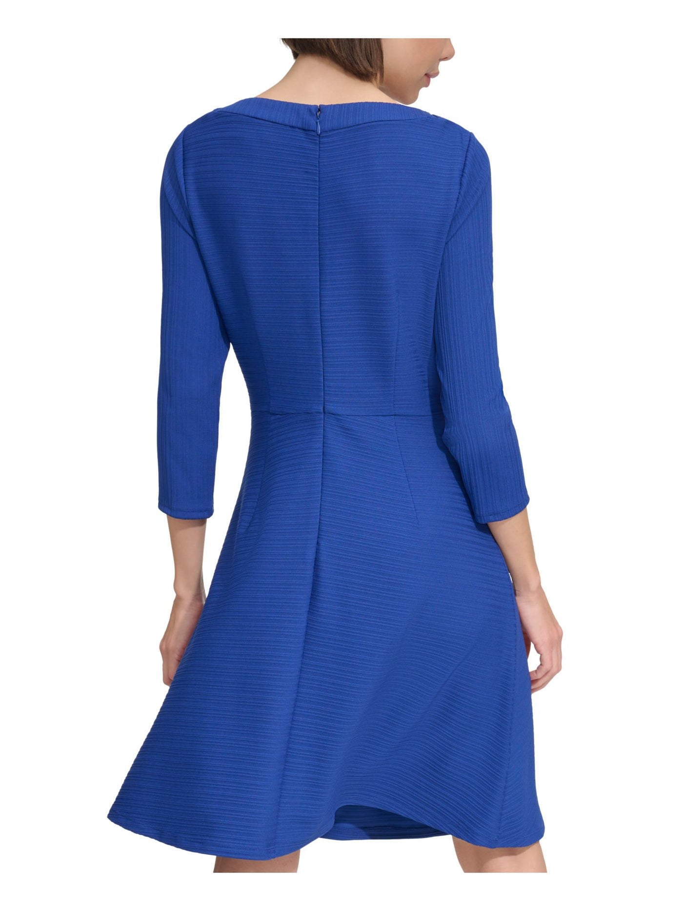 TOMMY HILFIGER Womens Blue Textured Zippered Button Detail Unlined Darted 3/4 Sleeve Boat Neck Above The Knee Fit + Flare Dress 4