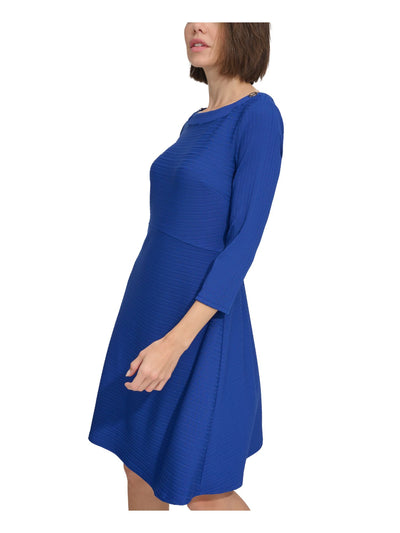 TOMMY HILFIGER Womens Blue Textured Zippered Button Detail Unlined Darted 3/4 Sleeve Boat Neck Above The Knee Fit + Flare Dress 6