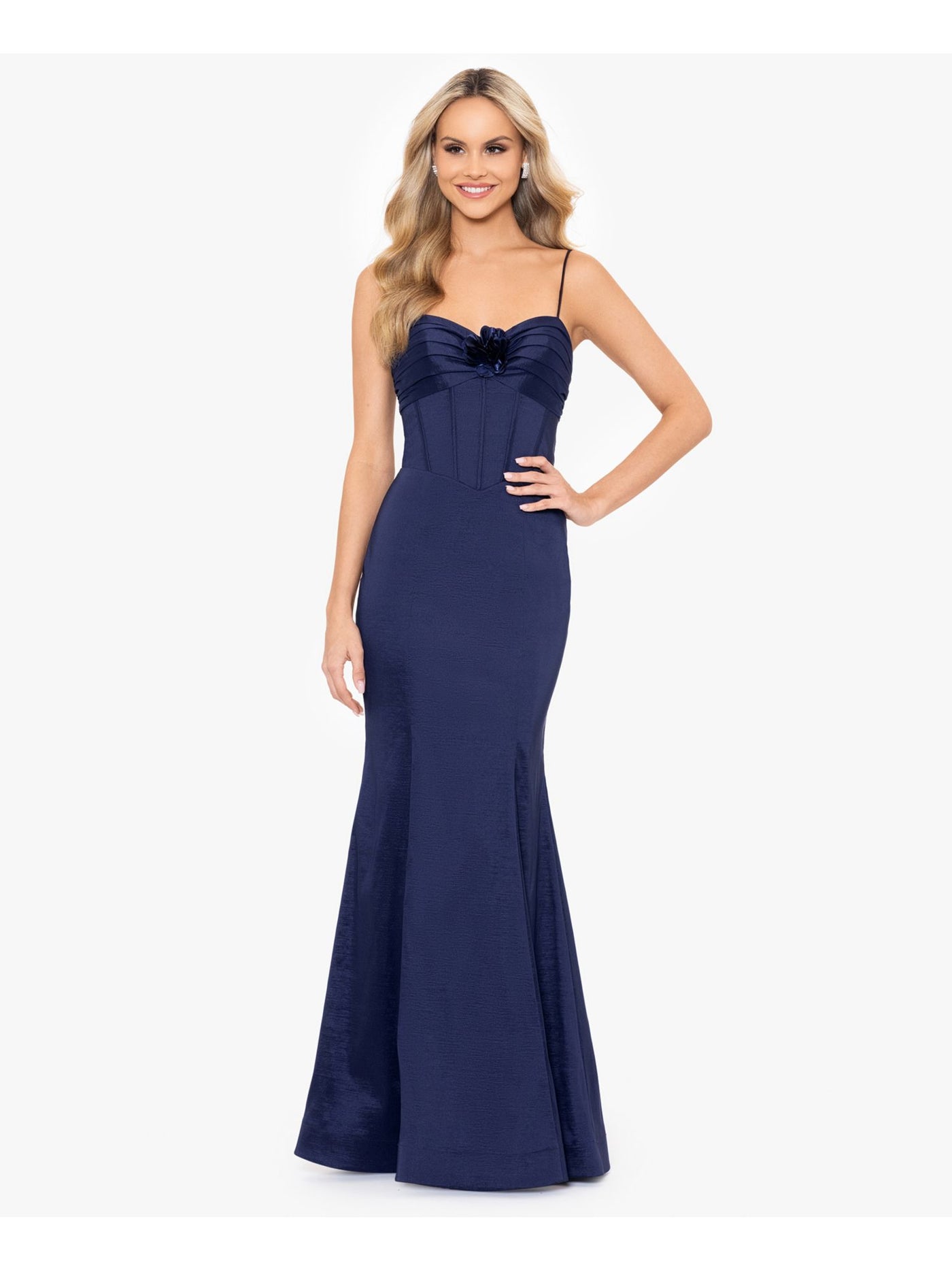 BLONDIE NITES Womens Navy Zippered Adjustable Open Lace Up Back Floral Accent Spaghetti Strap Sweetheart Neckline Full-Length Formal Gown Dress 1