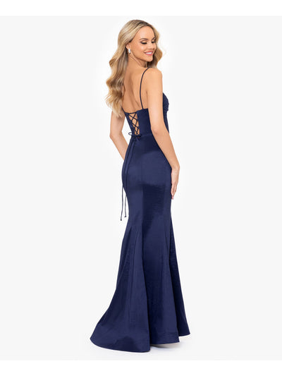 BLONDIE NITES Womens Navy Zippered Adjustable Open Lace Up Back Floral Accent Spaghetti Strap Sweetheart Neckline Full-Length Formal Gown Dress Juniors 15