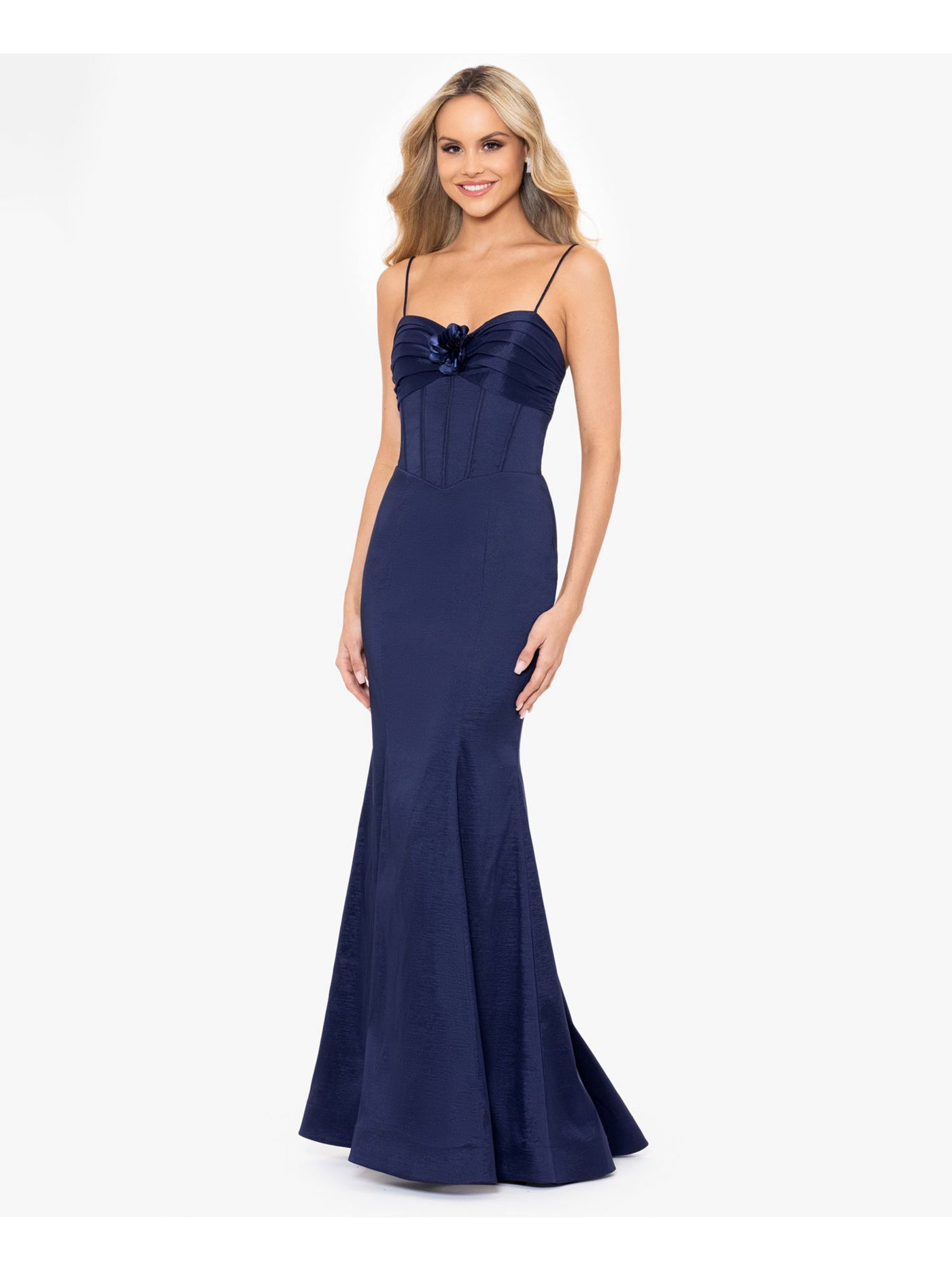 BLONDIE NITES Womens Navy Zippered Adjustable Open Lace Up Back Floral Accent Spaghetti Strap Sweetheart Neckline Full-Length Formal Gown Dress Juniors 15