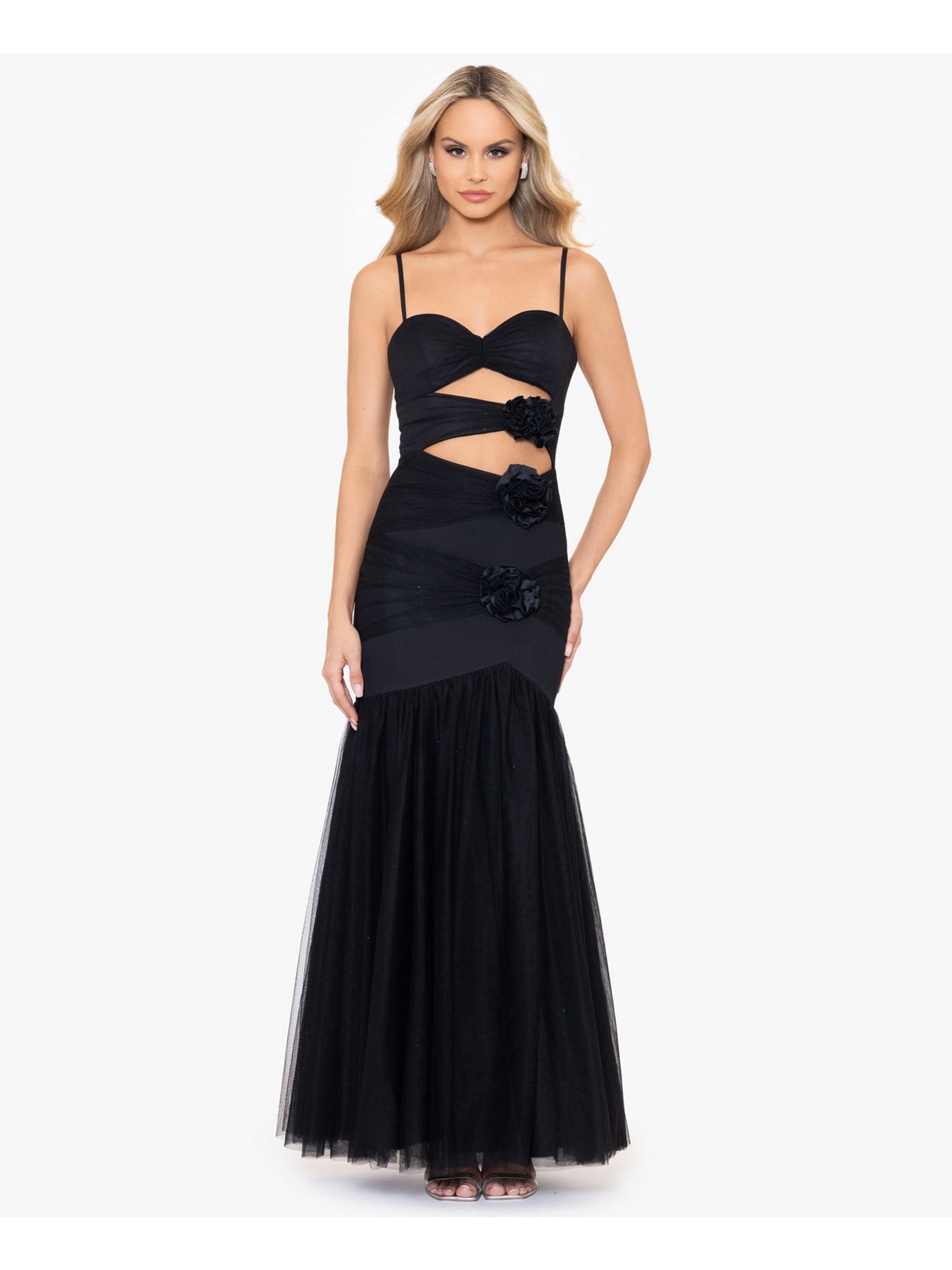 BLONDIE NITES Womens Black Mesh Zippered Cut Out Rosettes Lined Spaghetti Strap Sweetheart Neckline Full-Length Formal Mermaid Dress Juniors 15