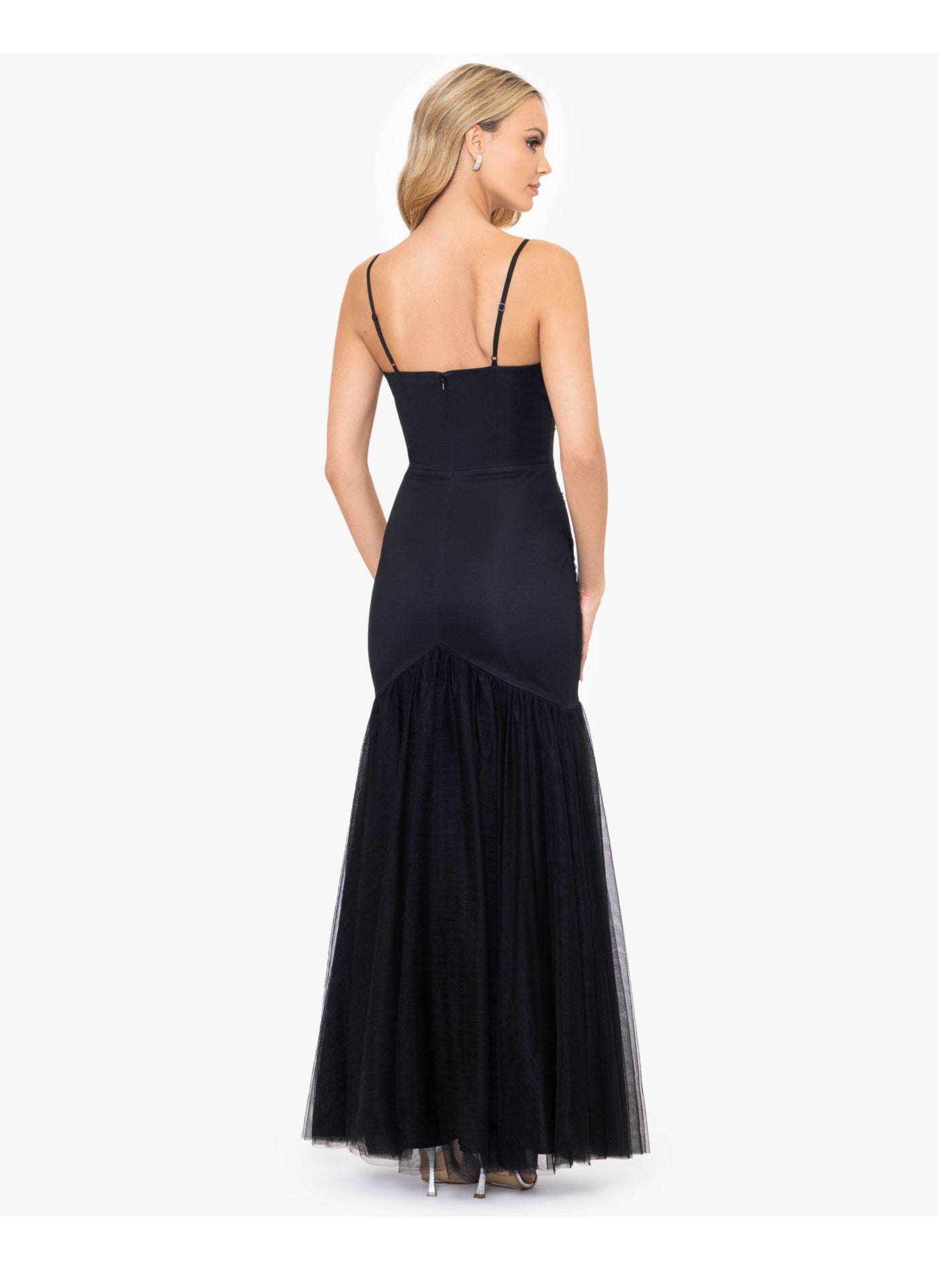 BLONDIE NITES Womens Black Mesh Zippered Cut Out Rosettes Lined Spaghetti Strap Sweetheart Neckline Full-Length Formal Mermaid Dress Juniors 15
