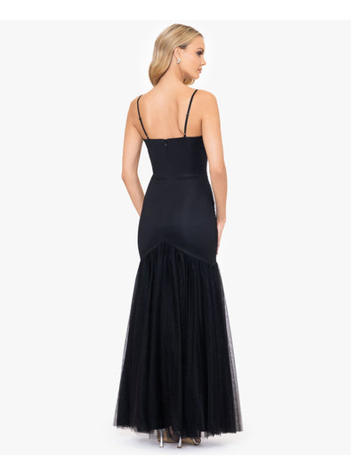 BLONDIE NITES Womens Black Mesh Zippered Cut Out Rosettes Lined Spaghetti Strap Sweetheart Neckline Full-Length Formal Mermaid Dress Juniors 15