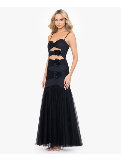 BLONDIE NITES Womens Black Mesh Zippered Cut Out Rosettes Lined Spaghetti Strap Sweetheart Neckline Full-Length Formal Mermaid Dress Juniors 15
