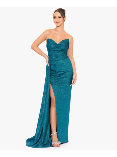 BLONDIE NITES Womens Teal Slitted Lined Pleated Glitter Zippered Sleeveless Sweetheart Neckline Full-Length Formal Gown Dress Juniors 1