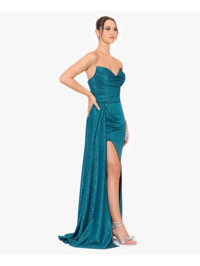 BLONDIE NITES Womens Teal Slitted Lined Pleated Glitter Zippered Sleeveless Sweetheart Neckline Full-Length Formal Gown Dress Juniors 1