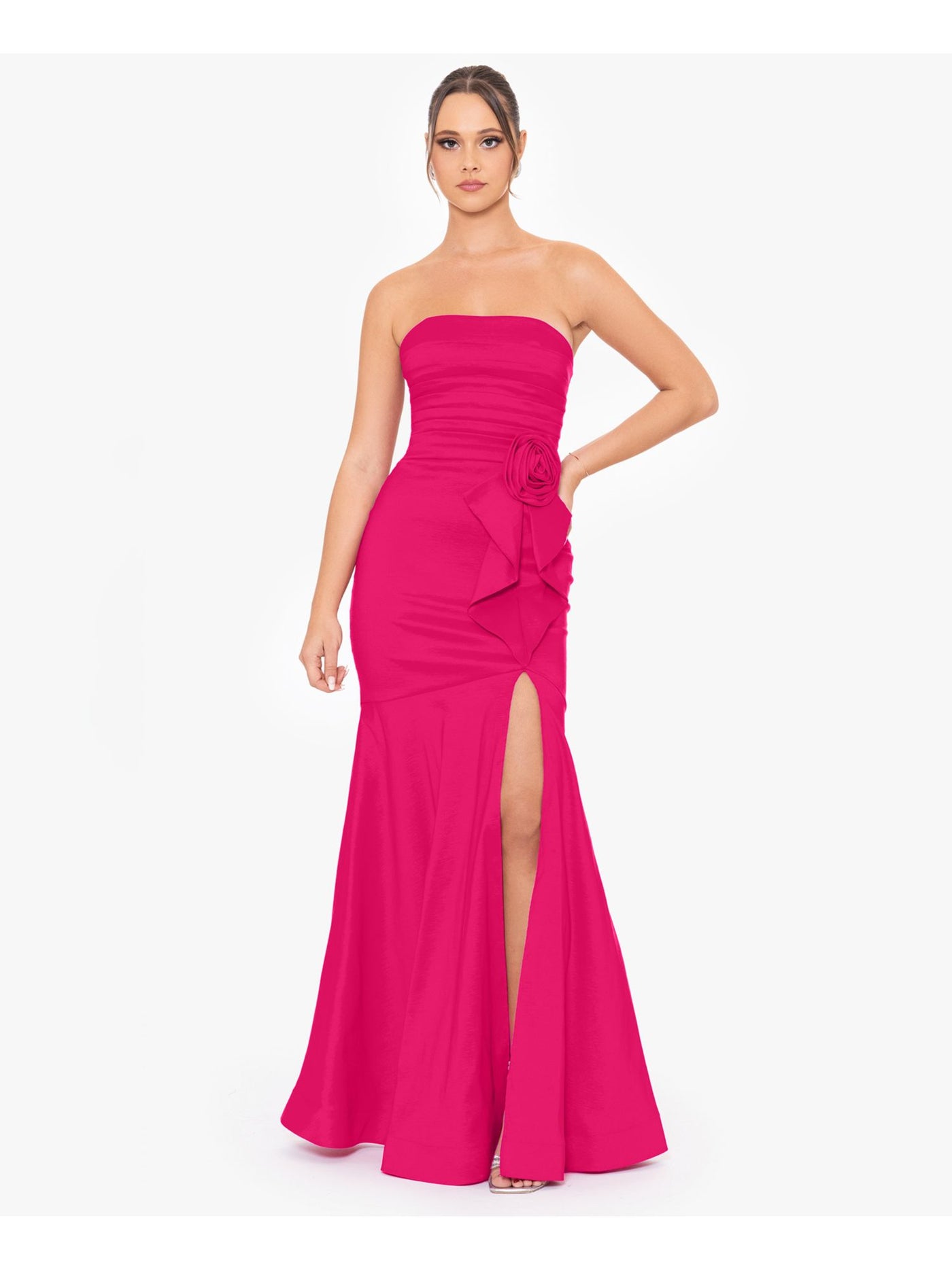 BLONDIE NITES Womens Pink Unlined Slitted Pleated Rosette And Ruffle Accen Sleeveless Strapless Full-Length Formal Gown Dress Juniors 0