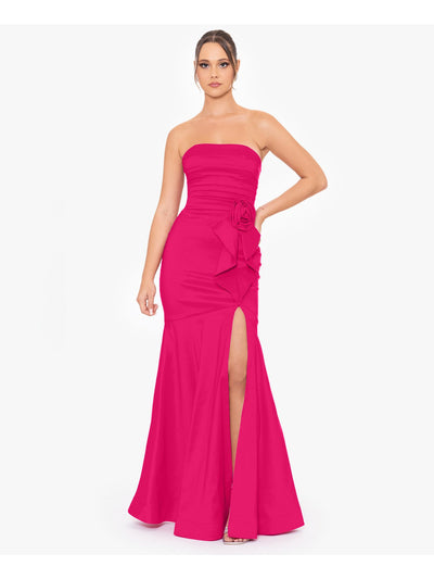 BLONDIE NITES Womens Pink Unlined Slitted Pleated Rosette And Ruffle Accen Sleeveless Strapless Full-Length Formal Gown Dress Juniors 3