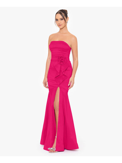 BLONDIE NITES Womens Pink Unlined Slitted Pleated Rosette And Ruffle Accen Sleeveless Strapless Full-Length Formal Gown Dress Juniors 3