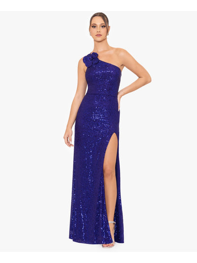 BLONDIE NITES Womens Purple Zippered Slitted Rosette Shoulder Lined Sleeveless Asymmetrical Neckline Full-Length Formal Gown Dress Juniors 5