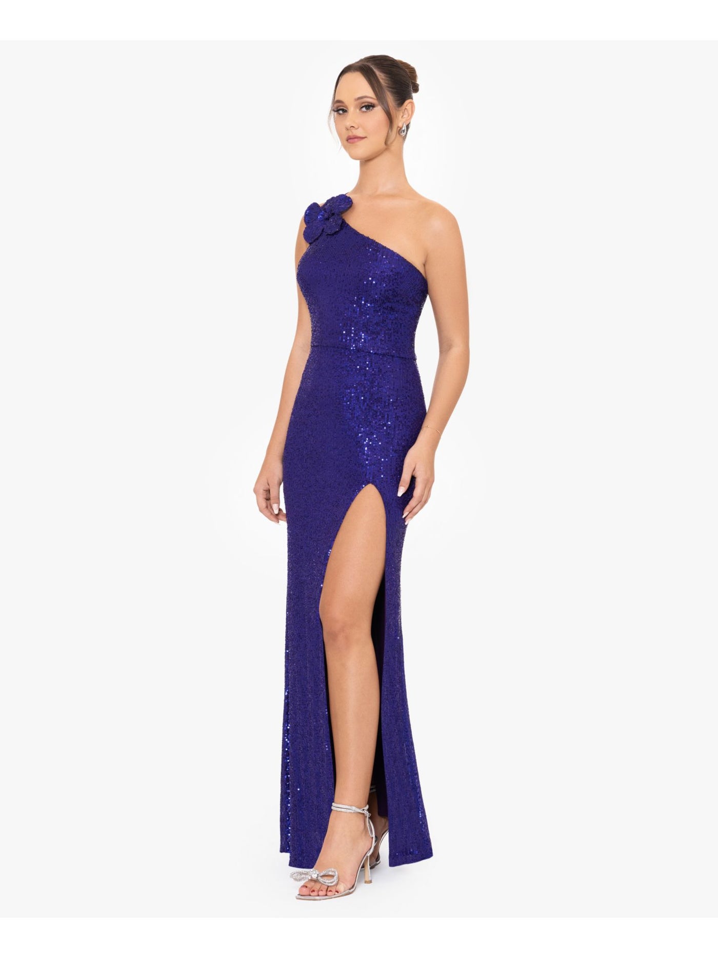 BLONDIE NITES Womens Purple Zippered Slitted Rosette Shoulder Lined Sleeveless Asymmetrical Neckline Full-Length Formal Gown Dress Juniors 5