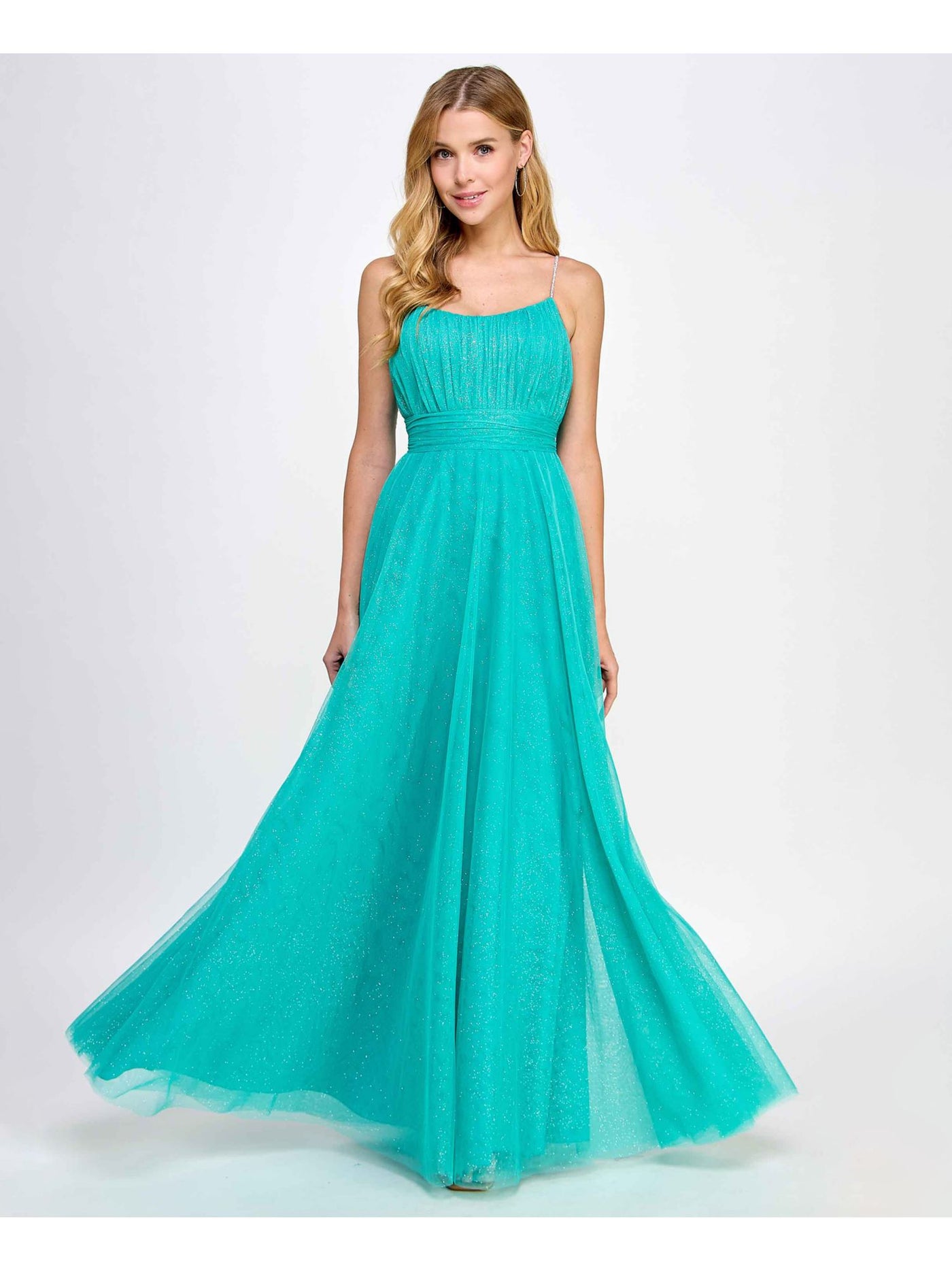 CITY STUDIO Womens Green Pleated Zippered Tie-belt Rhinestone Straps Lined Spaghetti Strap Scoop Neck Full-Length Prom Gown Dress Juniors 1\2