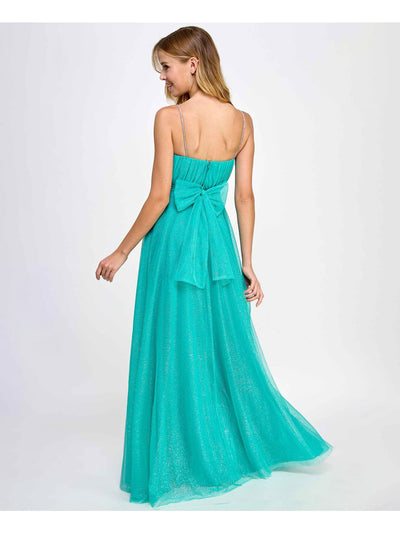 CITY STUDIO Womens Green Pleated Zippered Tie-belt Rhinestone Straps Lined Spaghetti Strap Scoop Neck Full-Length Prom Gown Dress Juniors 5\6