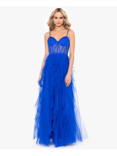 BLONDIE NITES Womens Blue Zippered Ruffled Caged Midriff Padded Spaghetti Strap Sweetheart Neckline Full-Length Formal Fit + Flare Dress Juniors 11