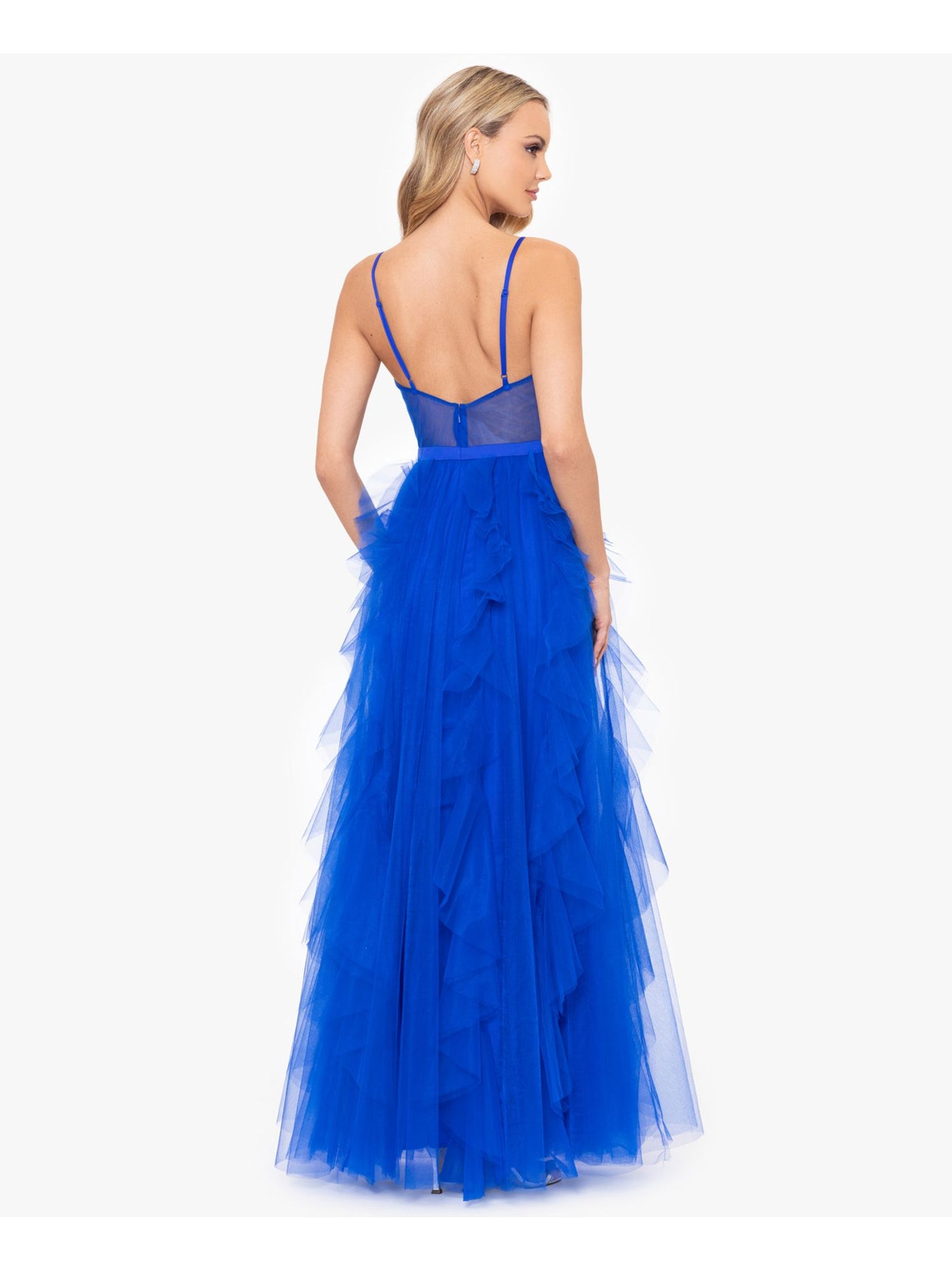 BLONDIE NITES Womens Blue Zippered Ruffled Caged Midriff Padded Spaghetti Strap Sweetheart Neckline Full-Length Formal Fit + Flare Dress Juniors 11