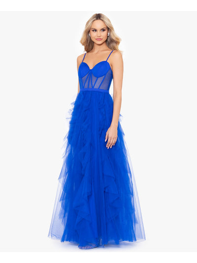 BLONDIE NITES Womens Blue Zippered Ruffled Caged Midriff Padded Spaghetti Strap Sweetheart Neckline Full-Length Formal Fit + Flare Dress Juniors 11