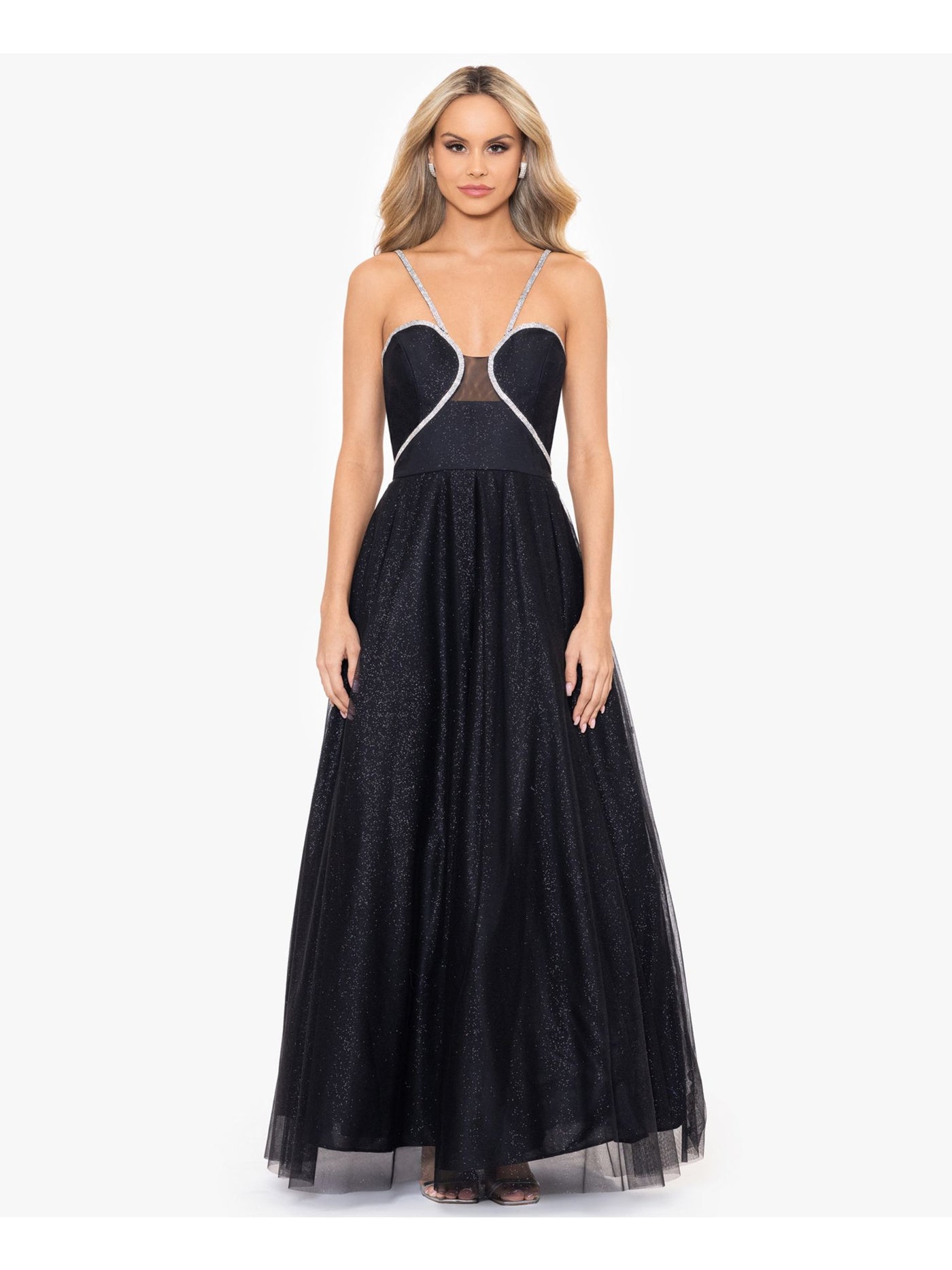 BLONDIE NITES Womens Black Zippered Lined Rhinestone Trim Padded Cups Spaghetti Strap Sweetheart Neckline Full-Length Prom Gown Dress Juniors 5