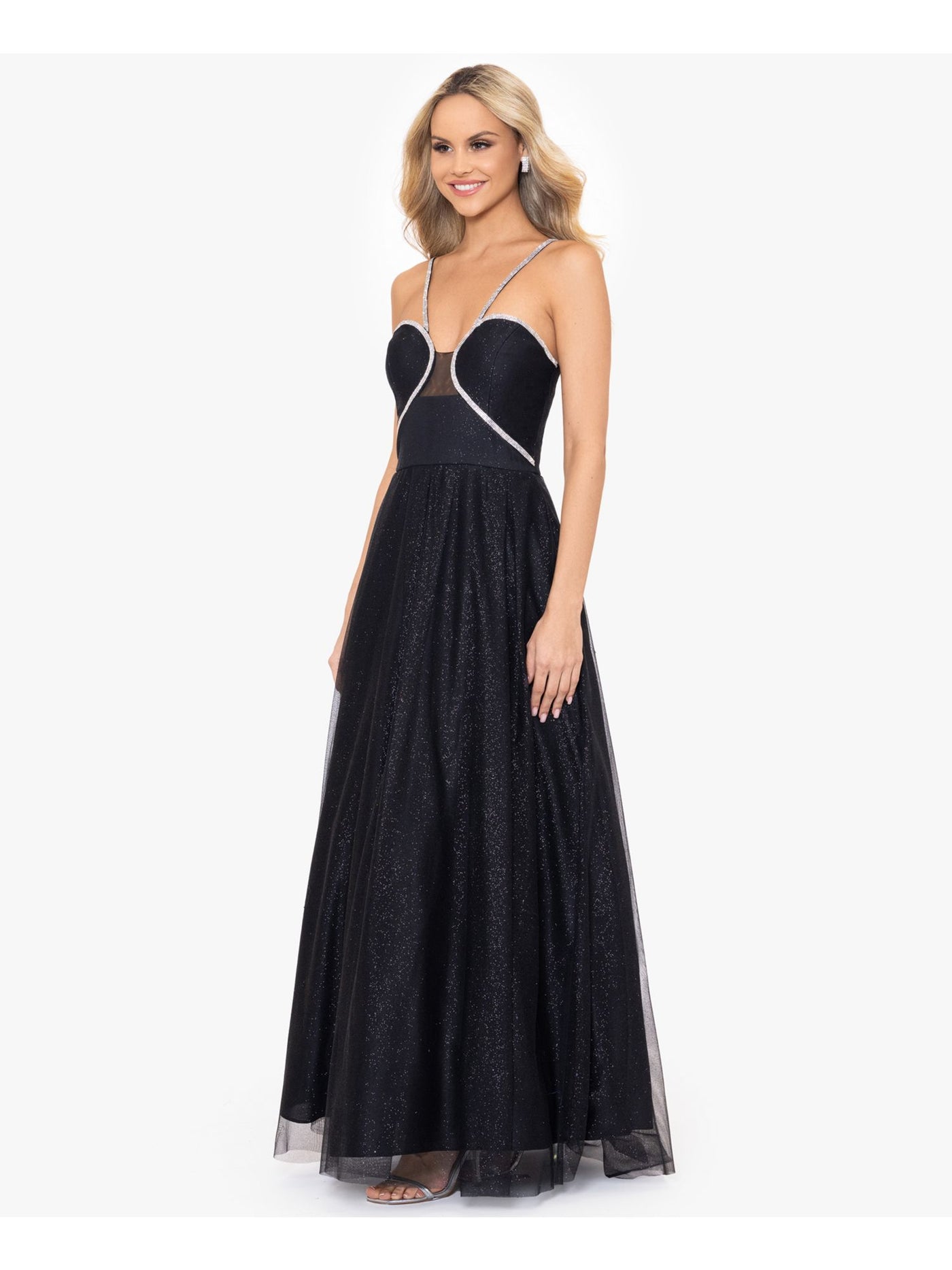 BLONDIE NITES Womens Black Zippered Lined Rhinestone Trim Padded Cups Spaghetti Strap Sweetheart Neckline Full-Length Prom Gown Dress Juniors 15