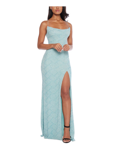B DARLIN Womens Green Slitted Lined Crisscross Open Back High-slit Spaghetti Strap Cowl Neck Full-Length Formal Gown Dress Juniors S