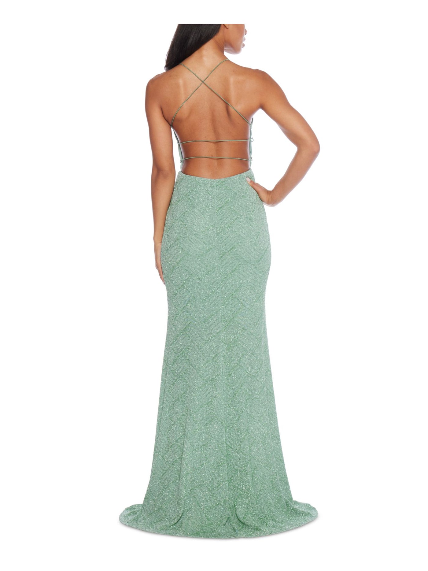 B DARLIN Womens Green Glitter Ruched Open Strappy Back Pull-on Printed Spaghetti Strap V Neck Full-Length Evening Gown Dress Juniors XS