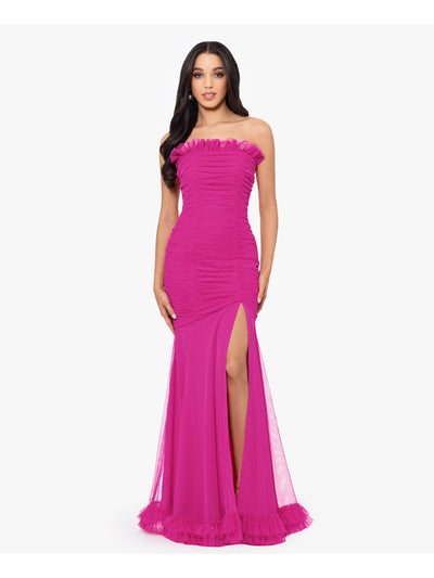 BLONDIE NITES Womens Pink Mesh Ruched Zippered Ruffled High-slit Lined Sleeveless Strapless Full-Length Prom Mermaid Dress Juniors 7