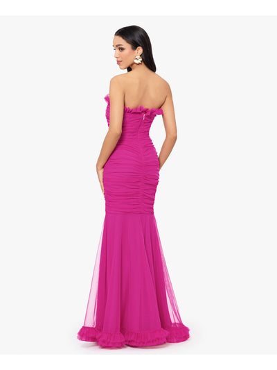 BLONDIE NITES Womens Pink Mesh Ruched Zippered Ruffled High-slit Lined Sleeveless Strapless Full-Length Prom Mermaid Dress Juniors 7