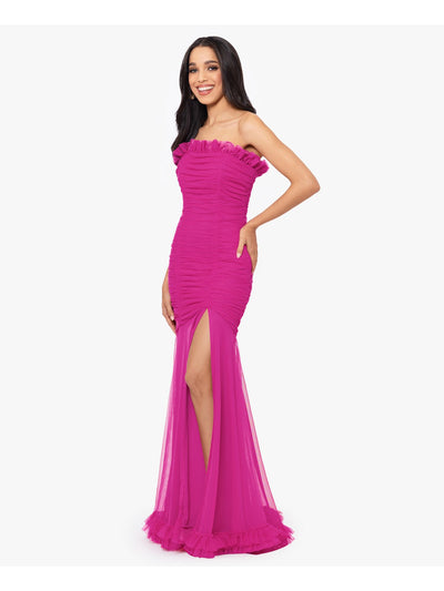 BLONDIE NITES Womens Pink Mesh Ruched Zippered Ruffled High-slit Lined Sleeveless Strapless Full-Length Prom Mermaid Dress Juniors 7