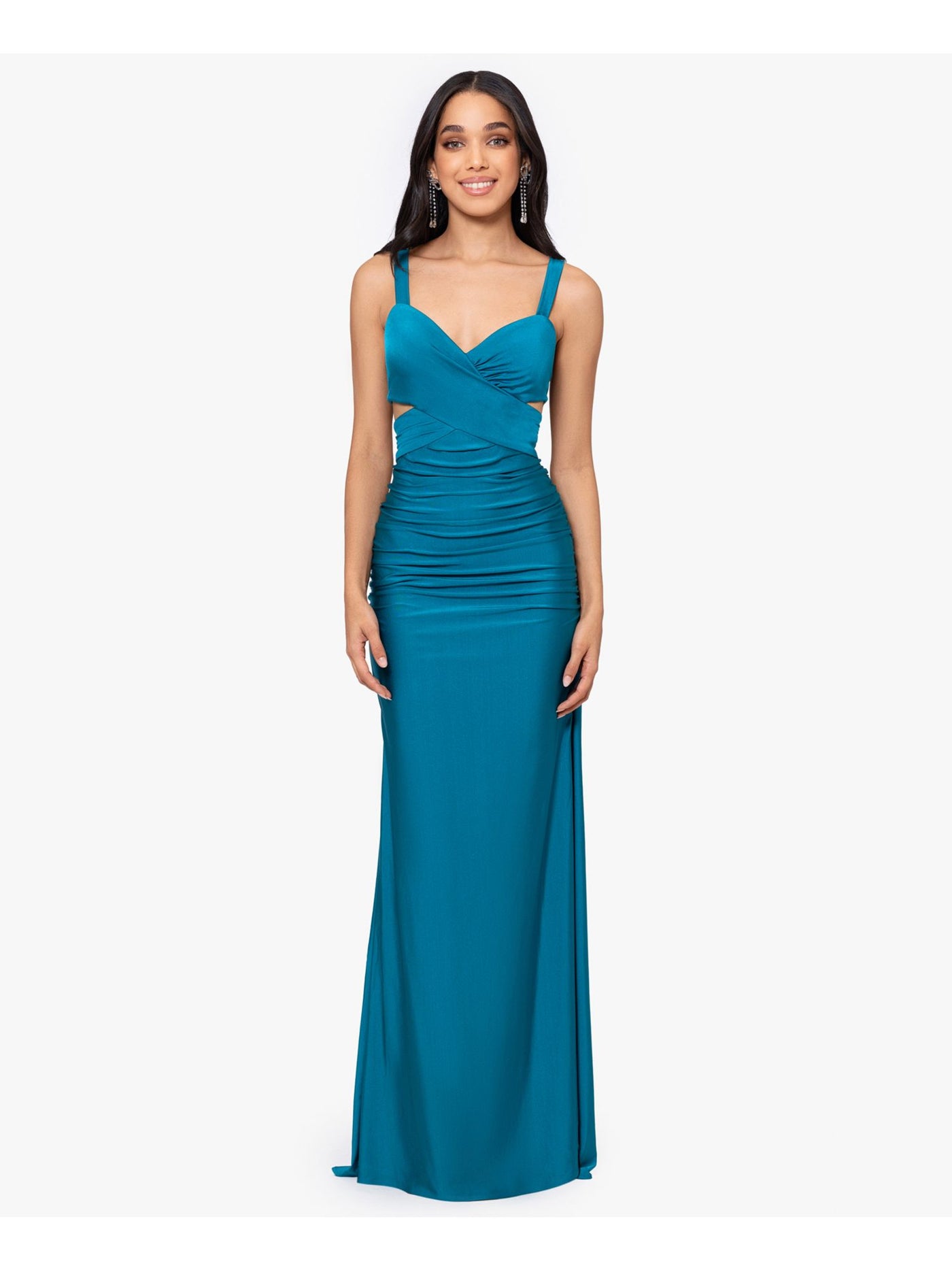 BLONDIE NITES Womens Teal Ruched Zippered Tie Open-back Cutout Sides Lined Sleeveless V Neck Full-Length Formal Gown Dress Juniors 0