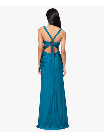 BLONDIE NITES Womens Teal Ruched Zippered Tie Open-back Cutout Sides Lined Sleeveless V Neck Full-Length Formal Gown Dress Juniors 0