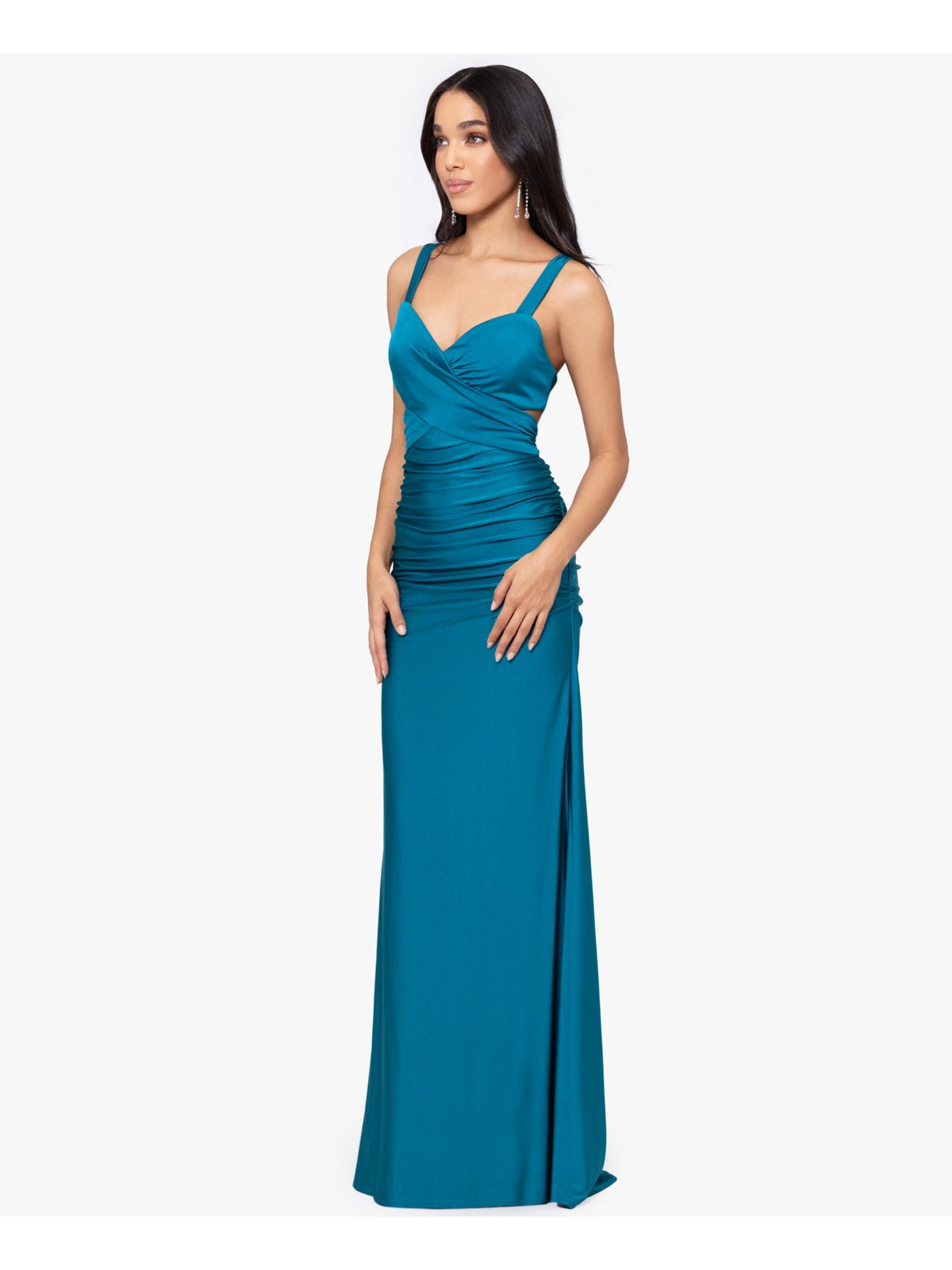 BLONDIE NITES Womens Teal Ruched Zippered Tie Open-back Cutout Sides Lined Sleeveless V Neck Full-Length Formal Gown Dress Juniors 0