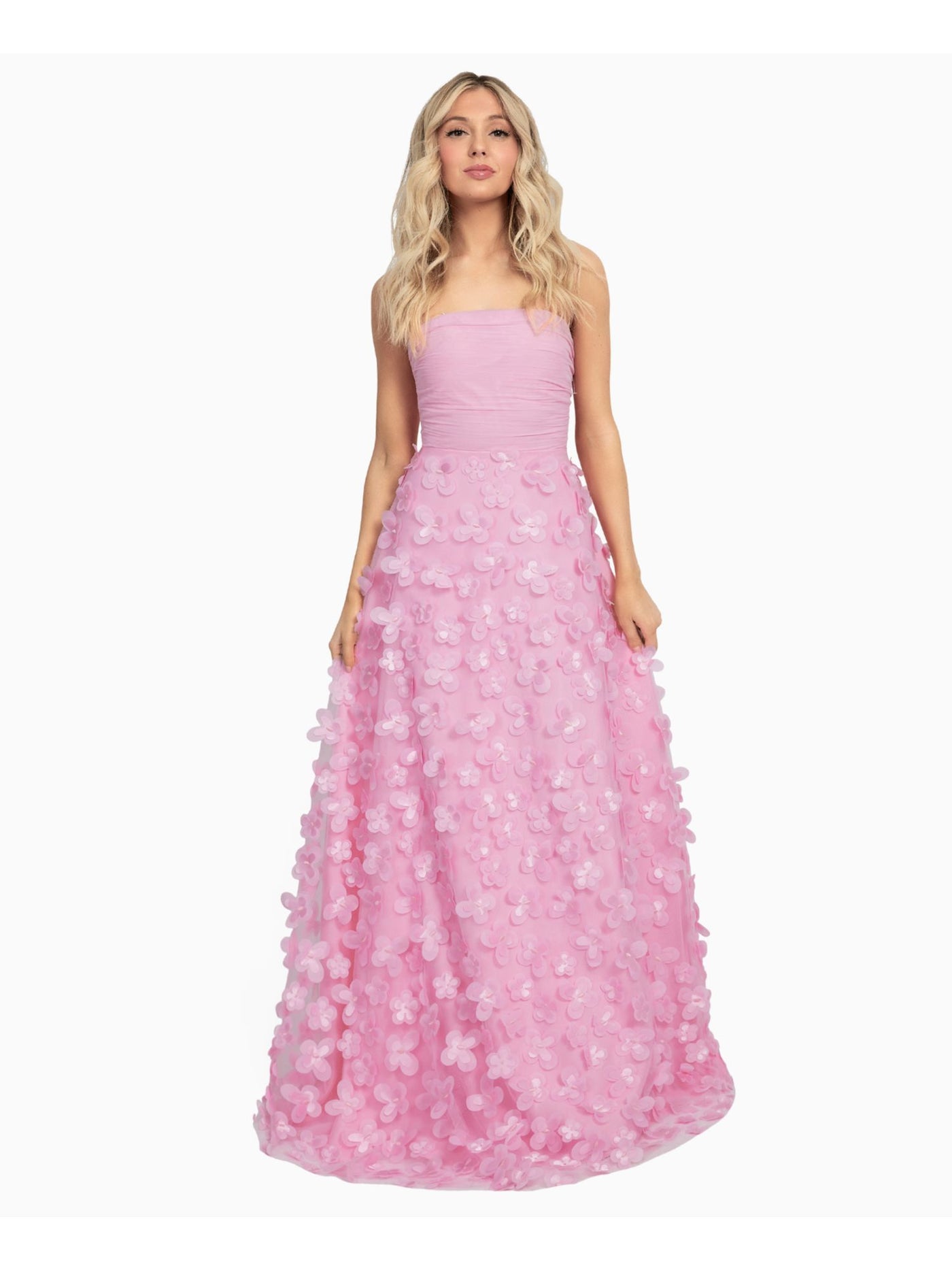 DEAR MOON Womens Pink Mesh Ruched Zippered Lace-up Back Lined Sleeveless Strapless Full-Length Prom Gown Dress Juniors 0