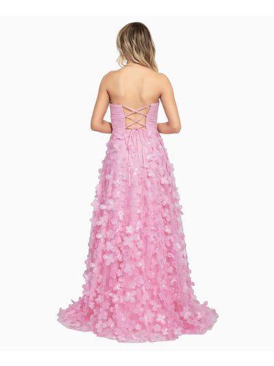 DEAR MOON Womens Pink Mesh Ruched Zippered Lace-up Back Lined Sleeveless Strapless Full-Length Prom Gown Dress Juniors 0