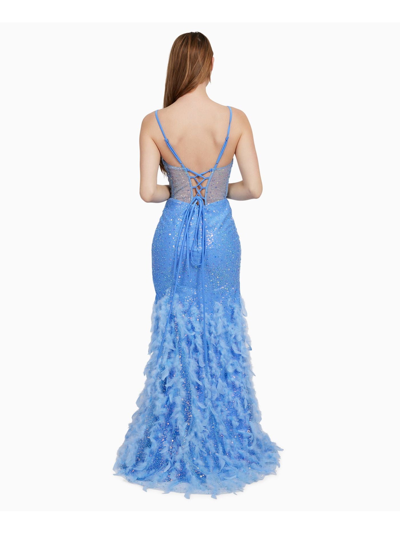 DEAR MOON Womens Blue Zippered Slitted Sheer Bodice Boning Feathered Spaghetti Strap V Neck Full-Length Prom Gown Dress Juniors 3