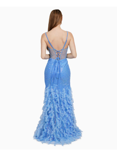 DEAR MOON Womens Blue Zippered Slitted Sheer Bodice Boning Feathered Spaghetti Strap V Neck Full-Length Prom Gown Dress Juniors 9