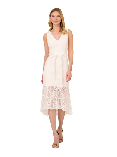 ADRIANNA PAPELL Womens Ivory Zippered Lined Self-tie Sash Flounce Hem Sleeveless V Neck Midi Party Sheath Dress 4