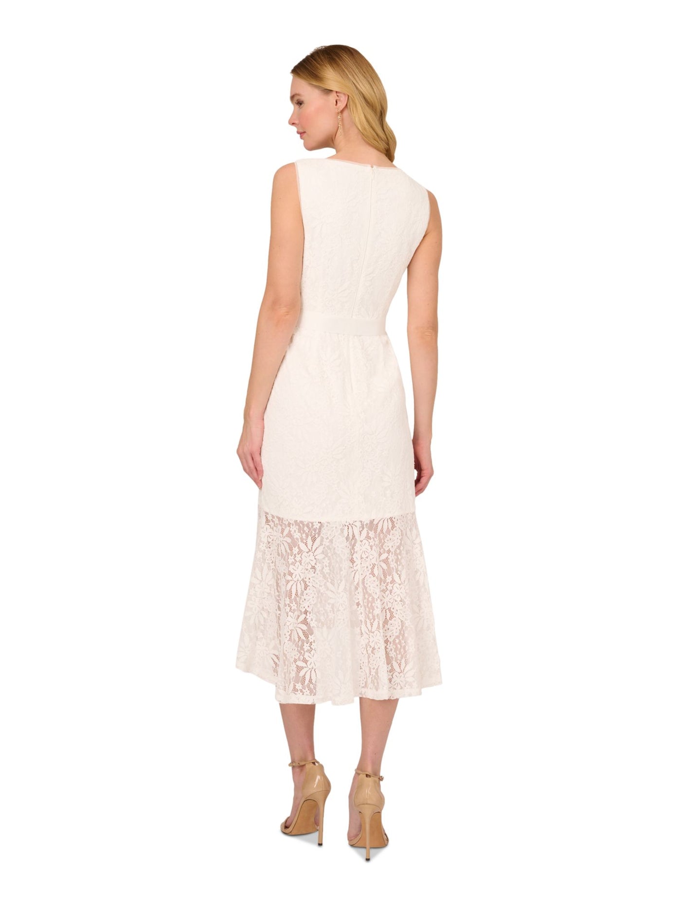 ADRIANNA PAPELL Womens Ivory Zippered Lined Self-tie Sash Flounce Hem Sleeveless V Neck Midi Party Sheath Dress 4
