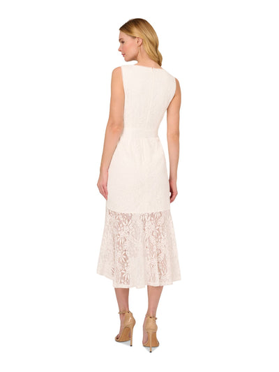 ADRIANNA PAPELL Womens Ivory Zippered Lined Self-tie Sash Flounce Hem Sleeveless V Neck Midi Party Sheath Dress 4