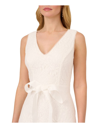 ADRIANNA PAPELL Womens Ivory Zippered Lined Self-tie Sash Flounce Hem Sleeveless V Neck Midi Party Sheath Dress 4