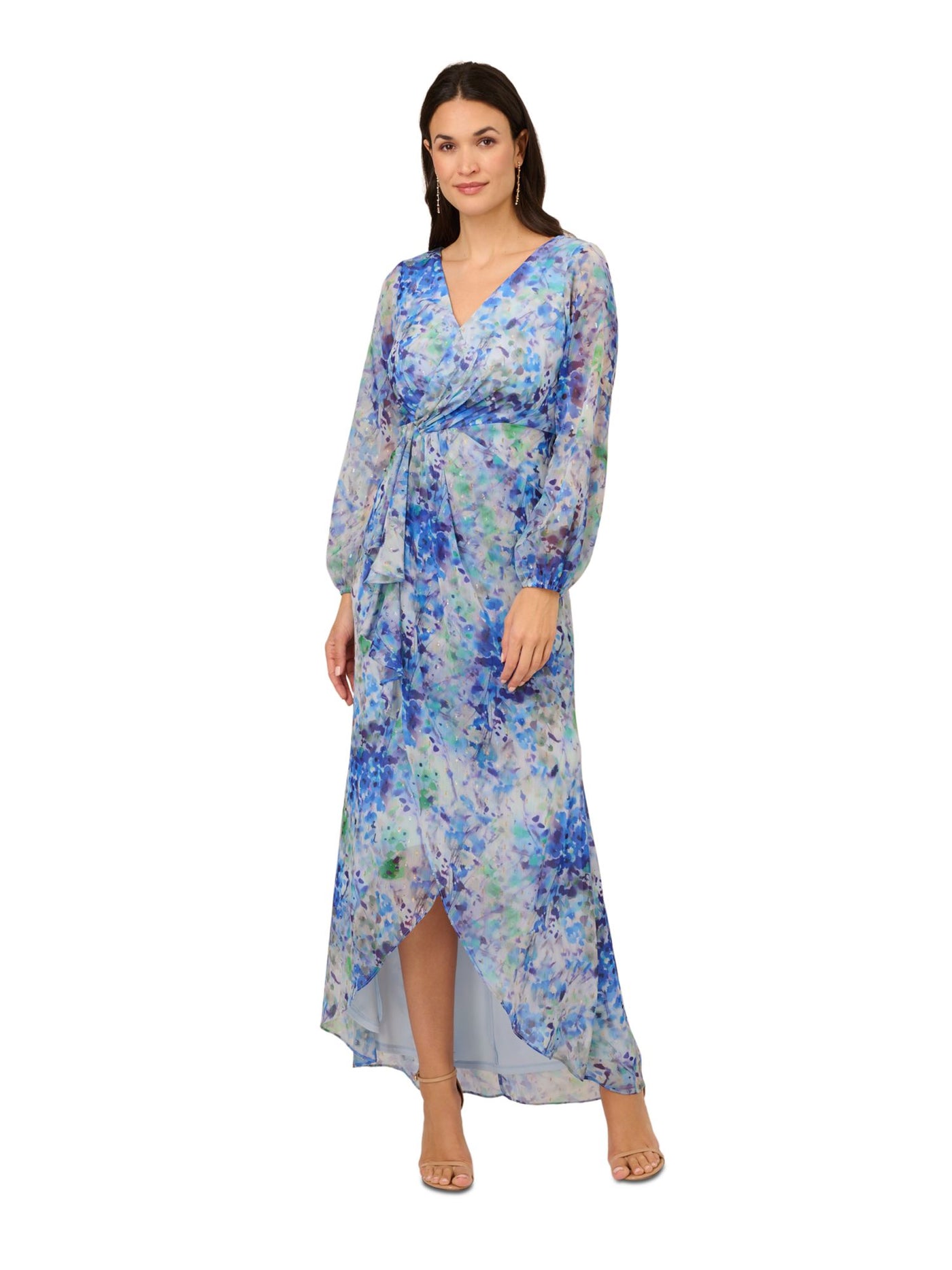 ADRIANNA PAPELL Womens Blue Ruffled Zippered Lined Hi-lo Floral Balloon Sleeve Surplice Neckline Maxi Party Faux Wrap Dress 16