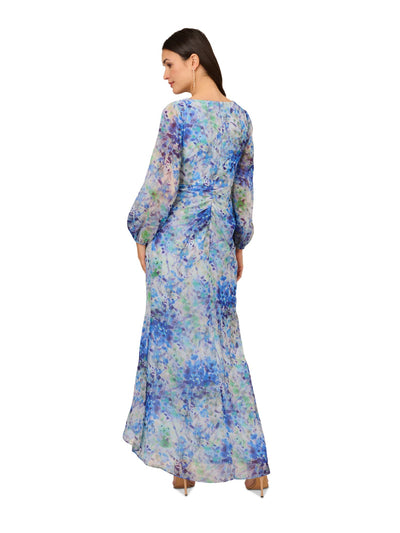 ADRIANNA PAPELL Womens Blue Ruffled Zippered Lined Hi-lo Floral Balloon Sleeve Surplice Neckline Maxi Party Faux Wrap Dress 2