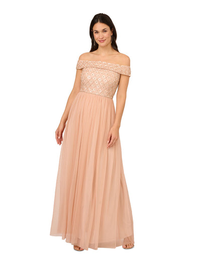 ADRIANNA PAPELL Womens Pink Mesh Zippered Slitted Lined Short Sleeve Off Shoulder Full-Length Evening Gown Dress 6