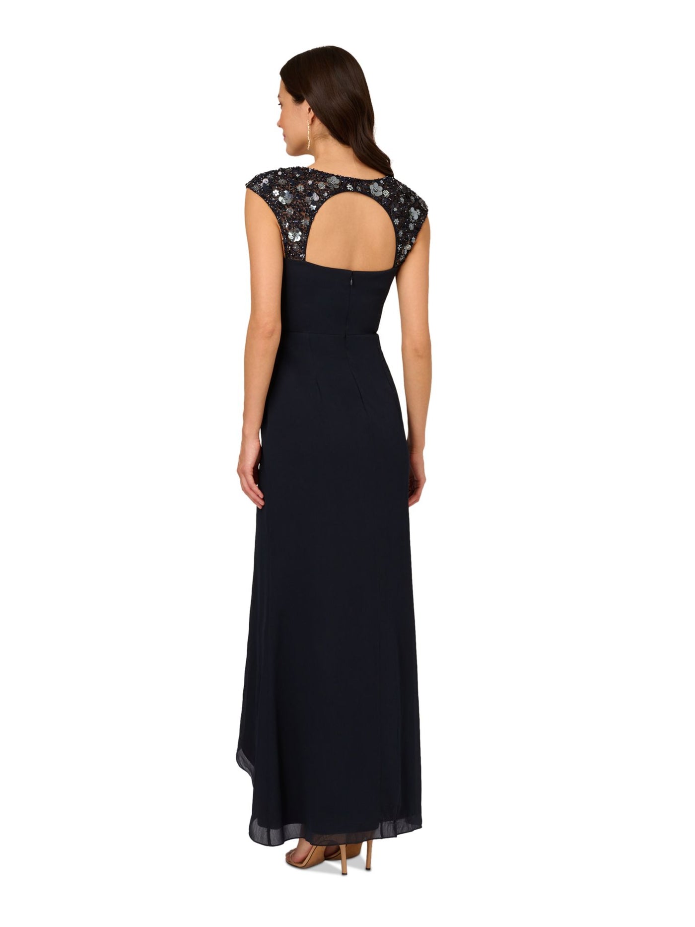 ADRIANNA PAPELL Womens Navy Embellished Zippered Cut Out Back Faux-wrap Lined Cap Sleeve Surplice Neckline Full-Length Party Mermaid Dress 16