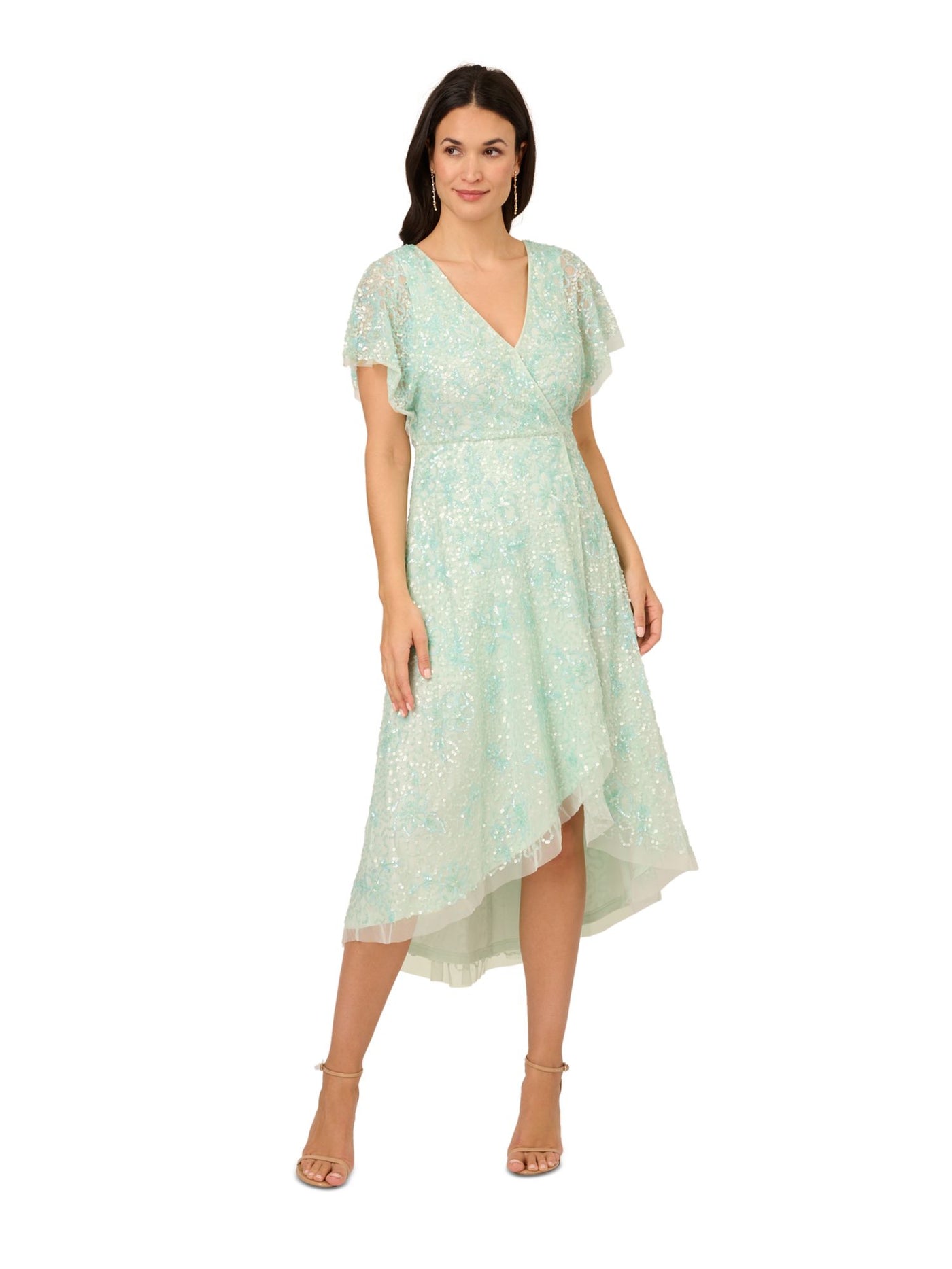 ADRIANNA PAPELL Womens Green Sequined Zippered Lined Hi-lo Hem Flutter Sleeve Surplice Neckline Below The Knee Evening Faux Wrap Dress 8