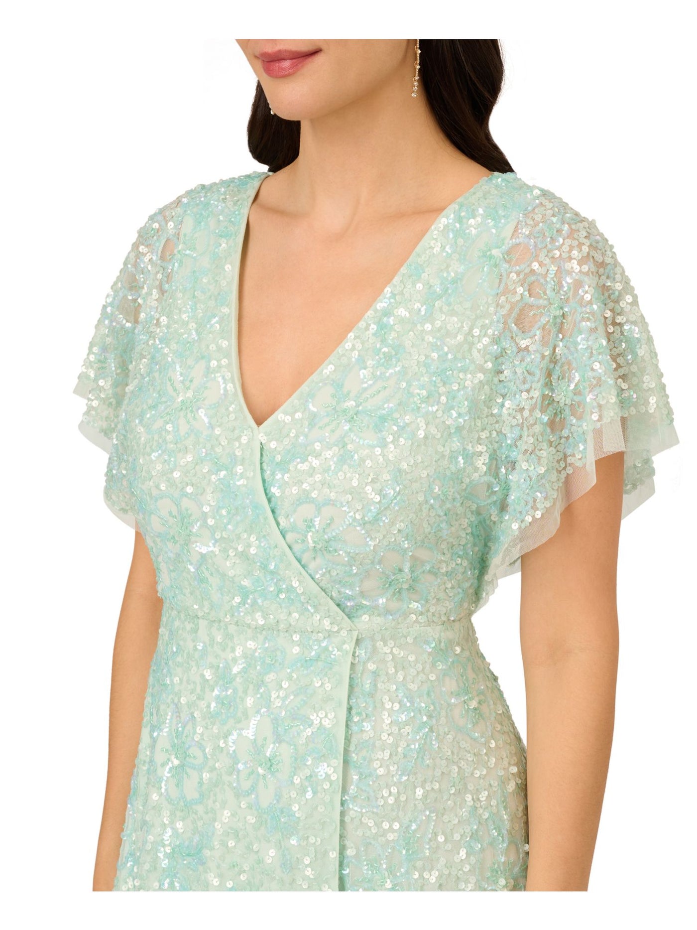 ADRIANNA PAPELL Womens Green Sequined Zippered Lined Hi-lo Hem Flutter Sleeve Surplice Neckline Below The Knee Evening Faux Wrap Dress 4