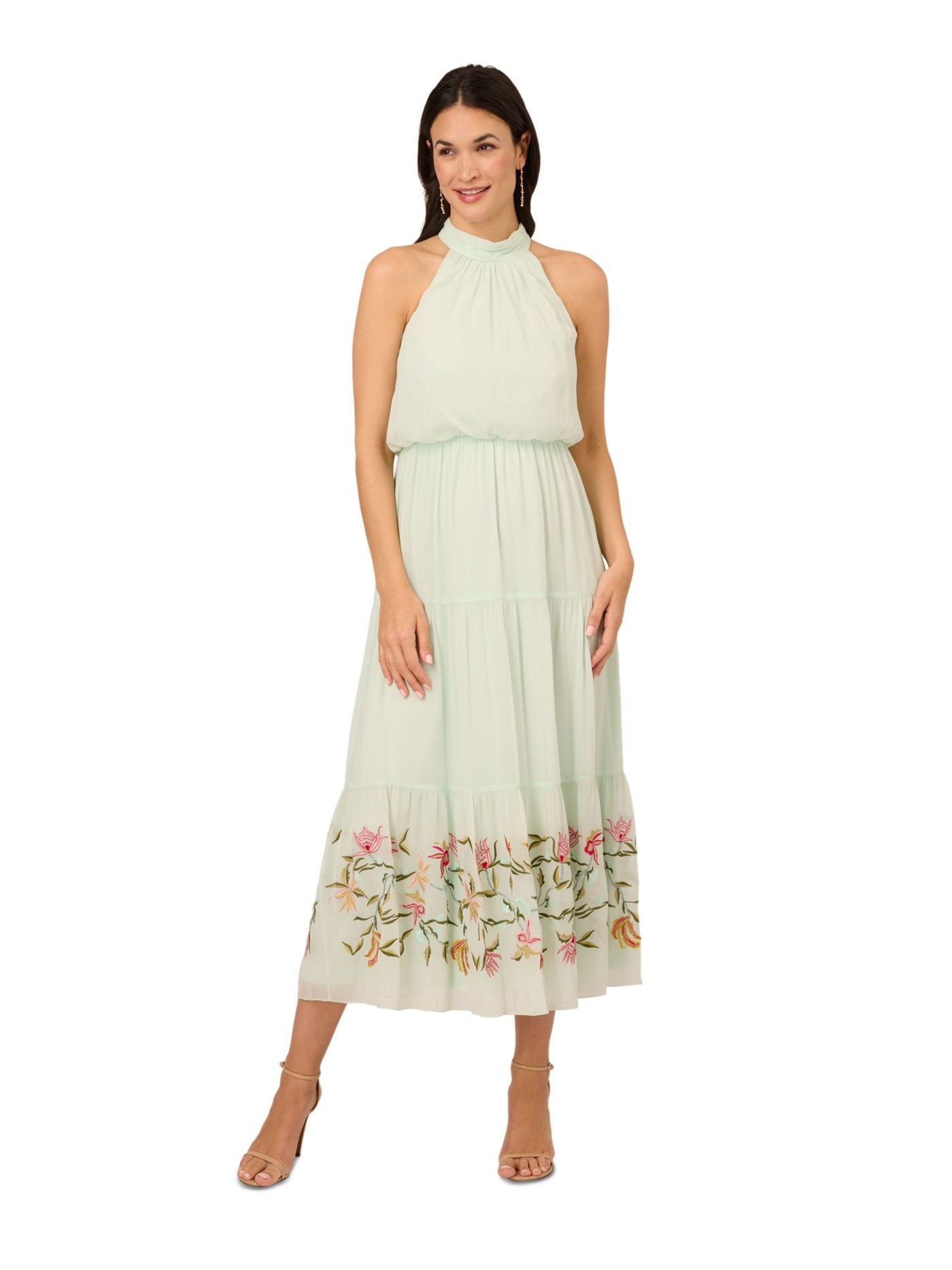 ADRIANNA PAPELL Womens Green Embellished Pleated Tiered Skirt Pullover Sleeveless Halter Midi Party Blouson Dress 12